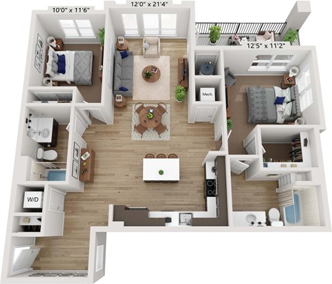 Floor plan for 2 beds, 2 baths, 1206 sqft
